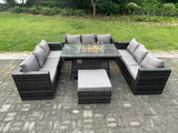 Fimous Rattan Garden Furniture Sofa Set Outdoor Patio Gas Fire Pit Dining Table Gas Heater Burner With Big Footstool 10 Seater Dark Grey Mixed