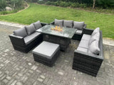 Fimous Rattan Garden Furniture Sofa Set Outdoor Patio Gas Fire Pit Dining Table Gas Heater Burner With Big Footstool 10 Seater Dark Grey Mixed