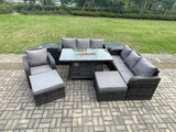 Fimous 9 Seater Rattan Garden Furniture Set Gas Fire Pit Dining Table Reclining Chair 3 Seater Sofa Set Indoor Outdoor with 2 Side Tables 2 Big Footstool