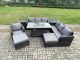 Fimous 9 Seater Rattan Garden Furniture Set Gas Fire Pit Dining Table Reclining Chair 3 Seater Sofa Set Indoor Outdoor with 2 Side Tables 2 Big Footstool