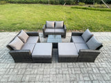Fimous 8 Seater Outdoor Rattan Garden Furniture Set Conservatory Patio Sofa Coffee Table Set with 2 Big Footstool Dark Grey Mixed