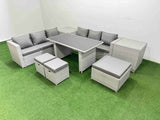Fimous Rattan Garden Furniture Dining Set 9 seater Patio Rectangular Table Sofa Set with 2 Side Tables 3 Stools Light Grey