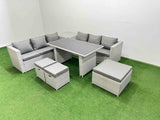 Fimous Rattan Garden Furniture Dining Set 9 seater Patio Rectangular Table Sofa Set with Side Table 3 Stools Light Grey