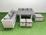 Fimous Rattan Garden Furniture Dining Set 9 seater Patio Rectangular Table Sofa Set with 3 Stools Light Grey