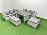 Fimous Rattan Garden Furniture Dining Set 9 seater Patio Rectangular Table Sofa Set with 3 Stools Light Grey