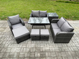 Fimous 8 Seater Outdoor Garden Dining Sets Rattan Furniture With Dining Table Armchairs Love Sofa 3 Footstools Side Table Dark Grey Mixed