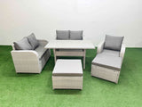 Fimous High Back Poly Rattan Garden Furniture Set with Reclining Chair Loveseat Sofa Rectangular Dining Table Indoor Outdoor Patio  Set 2 Big Stool Light Grey