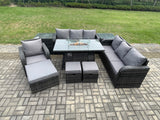 Fimous Wicker Rattan Garden Furniture Set Gas Fire Pit Dining Table Reclining Chair 3 Seater Sofa Set Indoor Outdoor with 2 Side Tables 3 Footstools 10 Seater