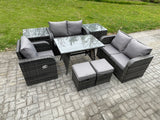 Fimous 7 Seater Outdoor Garden Dining Sets Rattan Furniture With Dining Table Armchairs Love Sofa 2 Small Footstools 2 Side Tables Dark Grey Mixed