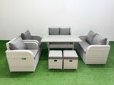 Fimous 8 Seater Outdoor Reclining Chair Love Sofa Set Rattan Garden Furniture Set with Rectangular Dining Table 2 Stools Light Grey