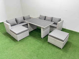 Fimous Rattan Garden Furniture Dining Set 8 seater Patio Rectangular Table Sofa Set with 2 Big Stools Light Grey