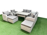 Fimous 8 Seater Outdoor Reclining Chair Love Sofa Set Rattan Garden Furniture Set with Rectangular Dining Table 2 Big FootStools  Side Table Light Grey