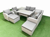 Fimous 8 Seater Outdoor Reclining Chair Love Sofa Set Rattan Garden Furniture Set with Rectangular Dining Table 2 Big FootStools  2 Side Table Light Grey