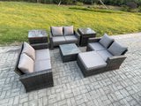 Fimous 7 PCS Outdoor Lounge Sofa Set Wicker PE Rattan Garden Furniture Set with Square Coffee Table Double Seat Sofa 2 Side Tables Big Footstool Dark Grey Mixed