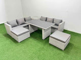 Fimous Rattan Garden Furniture Dining Set 8 seater Patio Rectangular Table Sofa Set with Side Table 2 Big Stools Light Grey