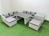 Fimous Rattan Garden Furniture Dining Set 8 seater Patio Rectangular Table Sofa Set with 2 Side Tables 2 Big Stools Light Grey