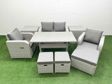 Fimous Light Grey PE Wicker Rattan Garden Furniture Set Sofa Set Reclining Chair Rectangular Dining Table 7 Seater 3  Stools 2 Side Table