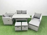 Fimous Light Grey PE Wicker Rattan Garden Furniture Set Sofa Set Reclining Chair Rectangular Dining Table 7 Seater 3  Stools Side Table
