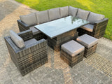 Fimous 9 Seats Dark Mixed Grey Rattan Garden Furniture Corner Sofa Set Adjustable Dining Or Coffee Table Chair Right Corner