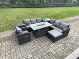 Fimous Rattan Outdoor Furniture Gas Fire Pit Rectangle Dining Table Gas Heater Reclining Chair 3 Seater Sofa Sets with Big Footstool 2 Side Tables 8 Seater