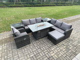 Fimous Rattan Outdoor Furniture Gas Fire Pit Rectangle Dining Table Gas Heater Reclining Chair 3 Seater Sofa Sets with Big Footstool 2 Side Tables 8 Seater