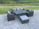 Fimous 6 Seater PE Wicker Rattan Garden Furniture Set Lounge Sofa Chair and Rectangular Dining Table Set Big Footstools Dark Grey Mixed