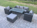 Fimous 6 Seater PE Wicker Rattan Garden Furniture Set Lounge Sofa Chair and Rectangular Dining Table Set Big Footstools Dark Grey Mixed