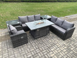 Fimous Rattan Outdoor Furniture Gas Fire Pit Rectangle Dining Table Gas Heater Reclining Chair 3 Seater Sofa Sets with 2 Side Tables 7 Seater