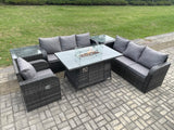 Fimous Rattan Outdoor Furniture Gas Fire Pit Rectangle Dining Table Gas Heater Reclining Chair 3 Seater Sofa Sets with 2 Side Tables 7 Seater
