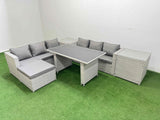 Fimous Rattan Garden Furniture Dining Set 7 seater Patio Rectangular Table Sofa Set with 2 Side Tables Big Stool Light Grey
