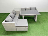 Fimous Rattan Garden Furniture Dining Set 7 seater Patio Rectangular Table Sofa Set with Side Table Big Stool Light Grey