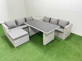 Fimous Rattan Garden Furniture Dining Set 7 seater Patio Rectangular Table Sofa Set with Side Table Big Stool Light Grey