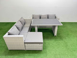 Fimous Rattan Garden Furniture Dining Set 7 seater Patio Rectangular Table Sofa Set with Big Stool Light Grey