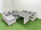 Fimous Rattan Garden Furniture Dining Set 7 seater Patio Rectangular Table Sofa Set with Big Stool Light Grey