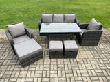 Fimous 8 Seater Rattan Outdoor Garden Furniture Set Rectangular Dining Table and Chair Sofa Set With 3 Footstools Dark Grey Mixed