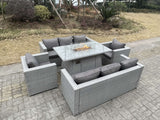 Fimous Light Grey Rattan Garden Furniture Set Gas Fire Pit Dining Set Heater Burner Lounge Sofa Chairs Outdoor