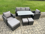 Fimous 8 Seater Rattan Outdoor Garden Furniture Set Rectangular Dining Table and Chair Sofa Set With 3 Footstools Dark Grey Mixed