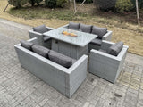 Fimous Light Grey Rattan Garden Furniture Set Gas Fire Pit Dining Set Heater Burner Lounge Sofa Chairs Outdoor
