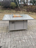 Fimous Light Grey Rattan Garden Furniture Set Gas Fire Pit Dining Set Heater Burner Lounge Sofa Chairs Outdoor