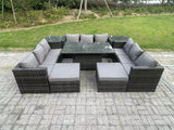 Fimous Wicker PE Rattan Garden Furniture Sofa Set Outdoor Adjustable Rising Lifting Dining Table Set with 2 Side Tables 2 Footstools 11 Seater Dark Grey Mixed