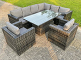 Fimous Dark Mixed Grey Outdoor Rattan Garden Furniture Sofa Set Rising Adjustable Dining Or Coffee Table 2 Chairs Patio Furniture Right Corner