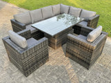 Fimous Dark Mixed Grey Outdoor Rattan Garden Furniture Sofa Set Rising Adjustable Dining Or Coffee Table 2 Chairs Patio Furniture Right Corner