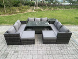Fimous 11 Seater Outdoor Rattan Garden Furniture Sofa Set Patio Adjustable Rising Lifting Dining Table Set with Side Table 2 Big Footstools Dark Grey Mixed