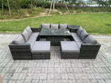 Fimous 11 Seater Outdoor Rattan Garden Furniture Sofa Set Patio Adjustable Rising Lifting Dining Table Set with Side Table 2 Big Footstools Dark Grey Mixed