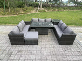 Fimous Outdoor Rattan Garden Furniture Sofa Set Patio Adjustable Rising Lifting Dining Table Set with Side Table Big Footstool 10 Seater Dark Grey Mixed