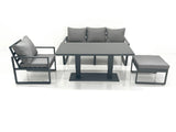 Fimous Outdoor Aluminium Garden Furniture Set with Adjustable Rising Lifting Dining Table 3 Seater Sofa Chair Big Footstool Dark Grey