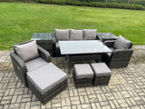Fimous 9 Pcs Rattan Outdoor Garden Furniture Set Rectangular Dining Table and Chair Sofa Set With 2 Side Tables 3 Footstools Dark Grey Mixed