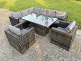 Fimous Dark Mixed Grey Outdoor Rattan Garden Furniture Sofa Set Rising Adjustable Dining Or Coffee Table 2 Chairs Patio Furniture Left Corner
