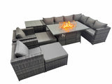 Fimous Garden Rattan Furniture Set 10 Seater Outdoor Corner Sofa 2 Chair Gas Firepit Dining Table Set with 2 Big Stools Side Table Dark Grey
