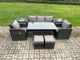 Fimous 7 Seater Rattan Outdoor Garden Furniture Set Rectangular Dining Table and Chair Sofa Set With 2 Side Tables 2 Small Footstools Dark Grey Mixed